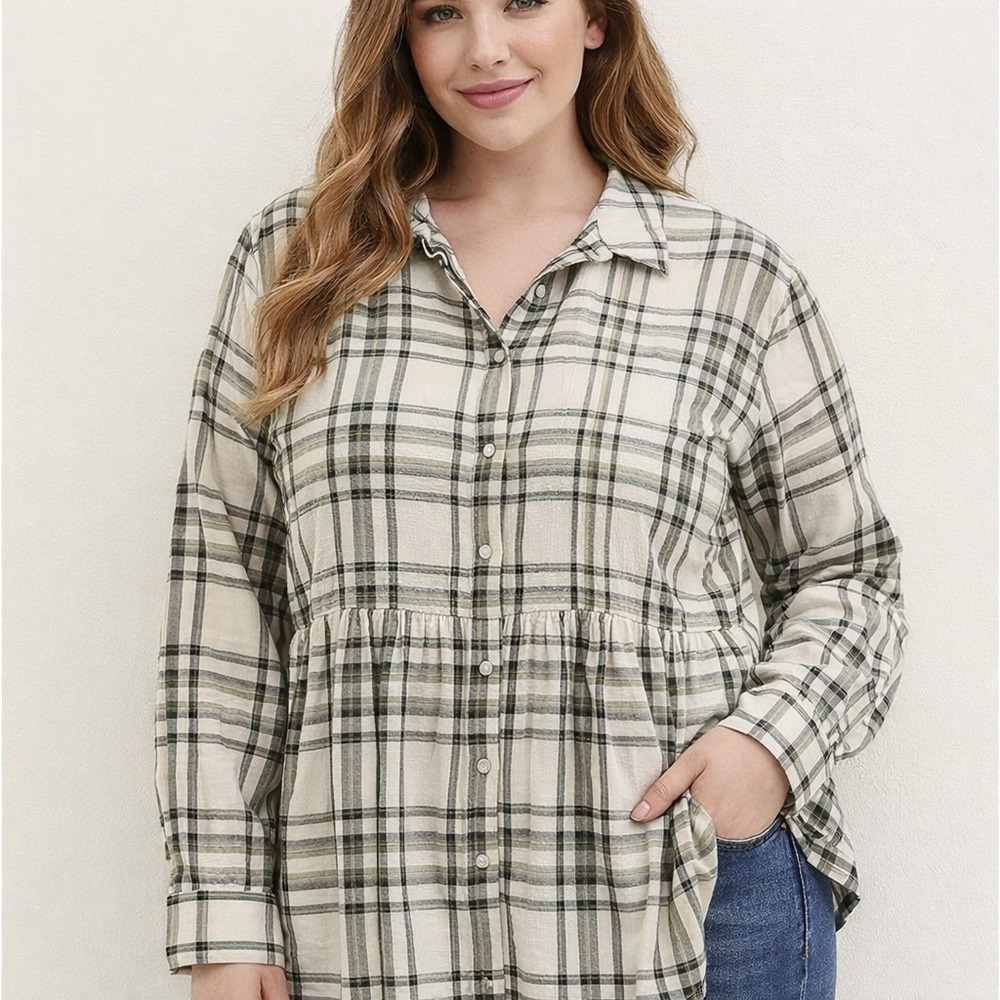 Style & Co Plaid Tunic Shirt Womens Plus Pearl Snap Button Up Boho Smock 18